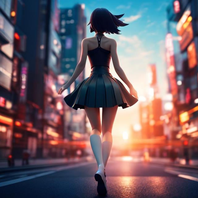 Prompt: Makoto Aida, Alicia Austin, Surreal, mysterious, strange, fantastic, fantasy, Sci-fi, Japanese anime, paper body, 3D model, city on paper, running miniskirt beautiful girl, perfect voluminous body, detailed masterpiece cinematic lighting 