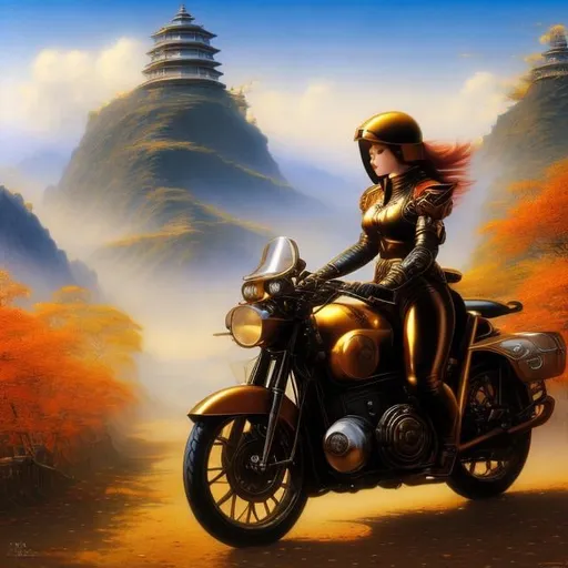 Prompt: Frank Pape, Masamune Shirow, Surreal, mysterious, strange, fantastical, fantasy, Sci-fi, Japanese anime, apple of the golden sun, signs of autumn, lady in a rider suit riding a motorcycle, galaxy, detailed masterpiece 