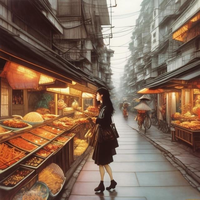 Prompt: Arthur Rackham, Shigeru Tamura, Surreal, mysterious, bizarre, fantastical, fantasy, Sci-fi, Japanese anime, sightseeing trip to Vietnam, beautiful high school girl in a miniskirt looking happy eating large Vietnamese noodles, perfect voluminous body, Hanoi cityscape, detailed masterpiece 