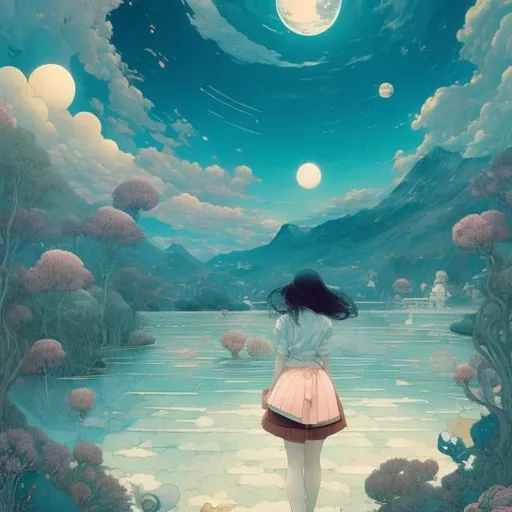 Prompt: James Jean, kate Greenaway, Surreal, mysterious, strange, fantastical, fantasy, Sci-fi, Japanese anime, school route, miniskirt high school girl, swimming on a huge moon, wide angle, detailed masterpiece 