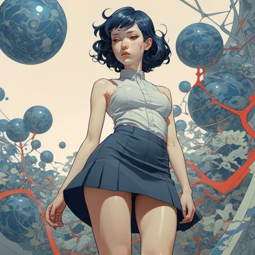 Prompt: James Jean, Tomer Hanuka, Surreal, mysterious, strange, fantastical, fantasy, Sci-fi, Japanese anime, meridian survey, miniskirt beautiful girl, perfect voluminous body, geometric boundary, detailed masterpiece 