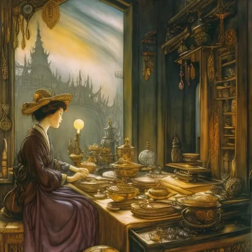 Prompt: Arthur Rackham, Mabel attwell, Leonora Carrington, Surreal, mysterious, strange, fantastical, fantasy, Sci-fi, Japanese anime, human history, minerals, manga, SM, clothing, local industry, traditional crafts, beautiful girl Onmyoji, adjusting the fortunes and misfortunes of time and space (azimuth), fortune-telling, rituals, spells. By being involved in this work, we have brought peace of mind to people and provided guidelines for the future, from the survival of the nation to the lives of individuals such as childbirth and illness. He was deeply involved in the creation and distribution of calendars for each period, detailed masterpiece 