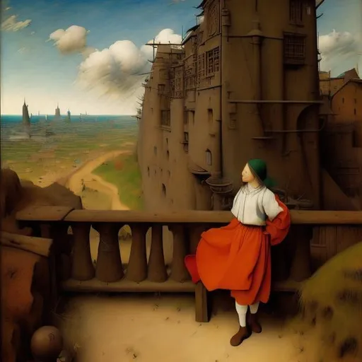 Prompt: William M. Timlin, Pieter Bruegel the Elder, Surreal, mysterious, strange, fantastical, fantasy, Sci-fi, Japanese anime, a delusional train running through the sea, sky, and earth, a beautiful girl in a miniskirt engineer, perfect voluminous body, detailed masterpiece colour hand drawings 