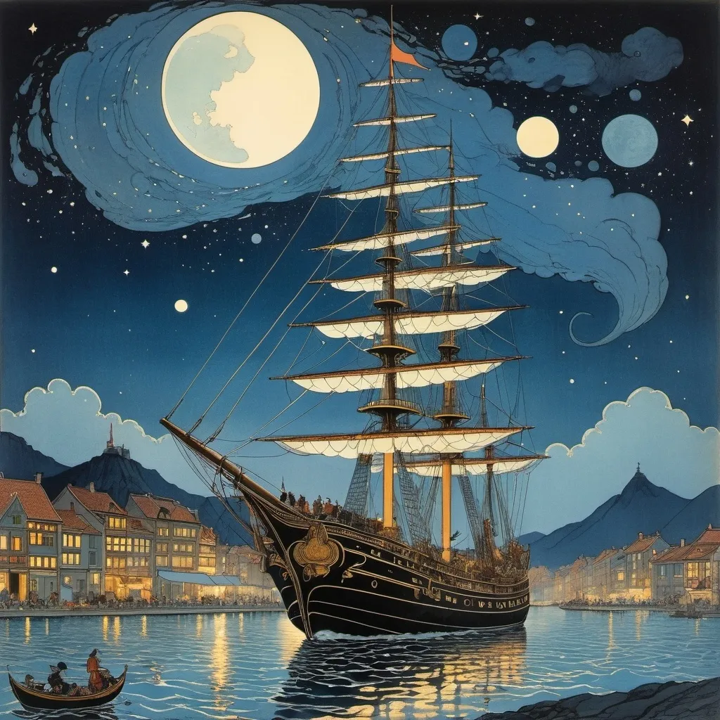 Prompt: Konstantin Rotov, George Barbier, Heinrich Vogeler, Taiyo Matsumoto, Elsa Beskow, Surrealism, mysterious, bizarre, fantastic, fantasy, Sci-fi, Japanese anime, a sailing ship sailing through the city at night, the moonlight pouring down, and when you look up, you'll see the Andromeda Nebula, a beautiful miniskirt girl captain, perfect voluminous body, detailed masterpiece 