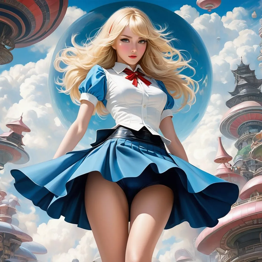 Prompt: Anne Anderson, Alberto Savinio, Surreal, mysterious, strange, fantastical, fantasy, Sci-fi, Japanese anime, symphonic icons, experimental theater, blonde miniskirt beautiful girl Alice, perfect voluminous body, detailed masterpiece 