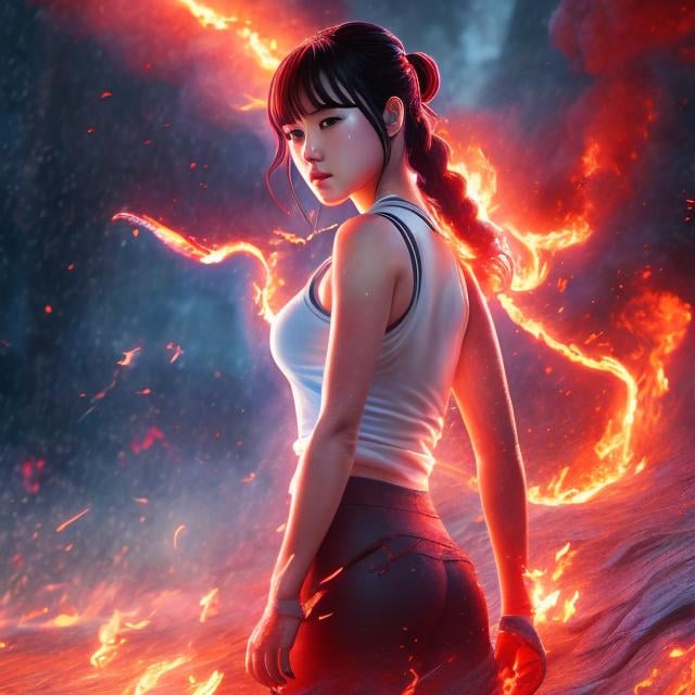 Prompt: A E Marty, Katie Risor, Japanese anime, unravel five hanks burning field until you turn to ash, there is no escape, solo beautiful perfect voluminous body girl, sweat sweat wet wet, detailed, high resolution definition quality masterpiece 