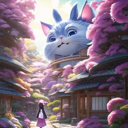 Prompt: Hayao Miyazaki Japanese Anime　m Girl Alice　Study room at home　Door opens and the Cheshire Cat peeks in Hyper detailed high resolution high quality high definition masterpiece