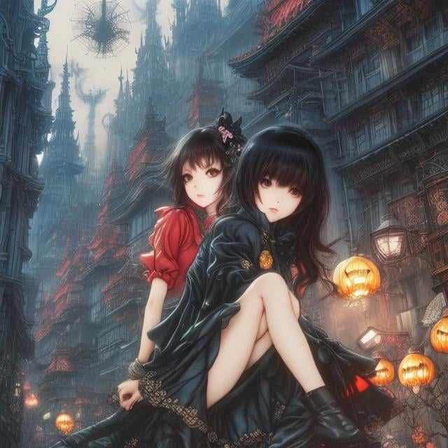 Prompt: Arthur Rackham, Katsuhiro Otomo, Surreal, mysterious, strange, fantastical, fantasy, Sci-fi, Japanese anime, Shibuya on Halloween night. Real monsters and heroes are mixed in with the costumes. Beautiful miniskirt high school girl is a sightseeing expert. Perfect body, detailed masterpiece 