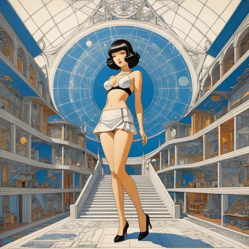 Prompt: George Barbier, Fortunato Depero, Roberto Innocenti, Wally Wood, Kanoko Sakurakoji, Surrealism Mysterious Weird Fantastic Fantasy Sci-fi, Japanese Anime, Regular polyhedron, quasi-polyhedron, star-shaped regular polyhedron, twisted regular polyhedron, Miniskirt beautiful girl architect, perfect voluminous body, Blueprints, cross-sections Perspective, detailed masterpiece 