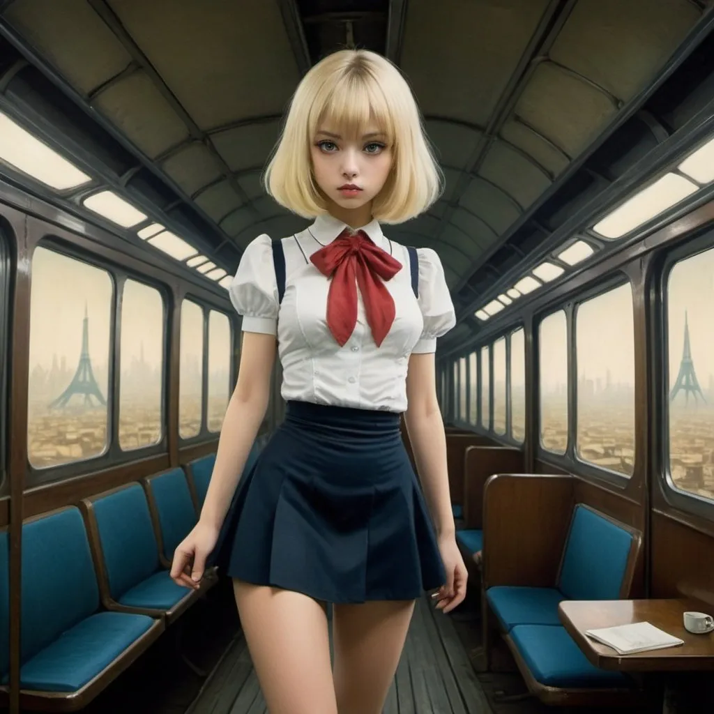 Prompt: Sacha Zaliouk, Alfred Kubin full colours, Surreal, mysterious, strange, fantastical, fantasy, sci-fi, Japanese anime, night train from another world to Tokyo, blonde miniskirt beautiful girl Alice, perfect voluminous body, detailed masterpiece wide angles zoom in 