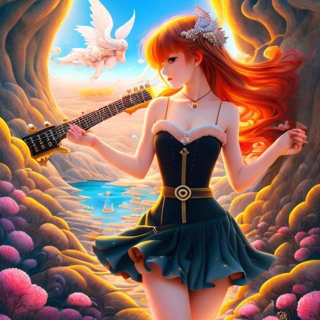 Prompt: Carles Garcia O'Dowd, Nanae Chrono, Dadaism, Surreal, Mysterious, Strange, Fantastic, Fantasy, Sci-Fi, Japanese Anime, Allegory of the Triumph of Love, Cupid Playing the Guitar, Dancing Blonde Miniskirt Beautiful Girl, Alice, Arabesque, Elemental Symbols, details masterpiece 