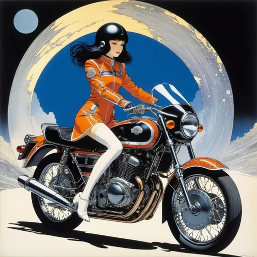 Prompt: Harry Clarke, Seiji Yoshida, Pierre Probst, Jean-Michel Folon, Audrey Spiry, Surrealism, wonder, strange, bizarre, fantasy, Sci-fi, Japanese anime, end-of-the-day weekend trip, beautiful girl in a rider suit riding a motorcycle as she pleases, perfect voluminous body, detailed masterpiece 