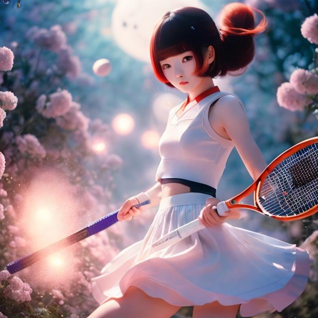 Prompt: Takeo Takei, Ken Bald, Heath Robinson, Surreal, mysterious, strange, fantastical, fantasy, Sci-fi, Japanese anime, beautiful blonde miniskirt girl Alice enjoying tennis, perfect body, dynamism, Alice wins and the audience goes wild, hyper detailed masterpiece high resolution definition quality, depth of field cinematic lighting colour drawing