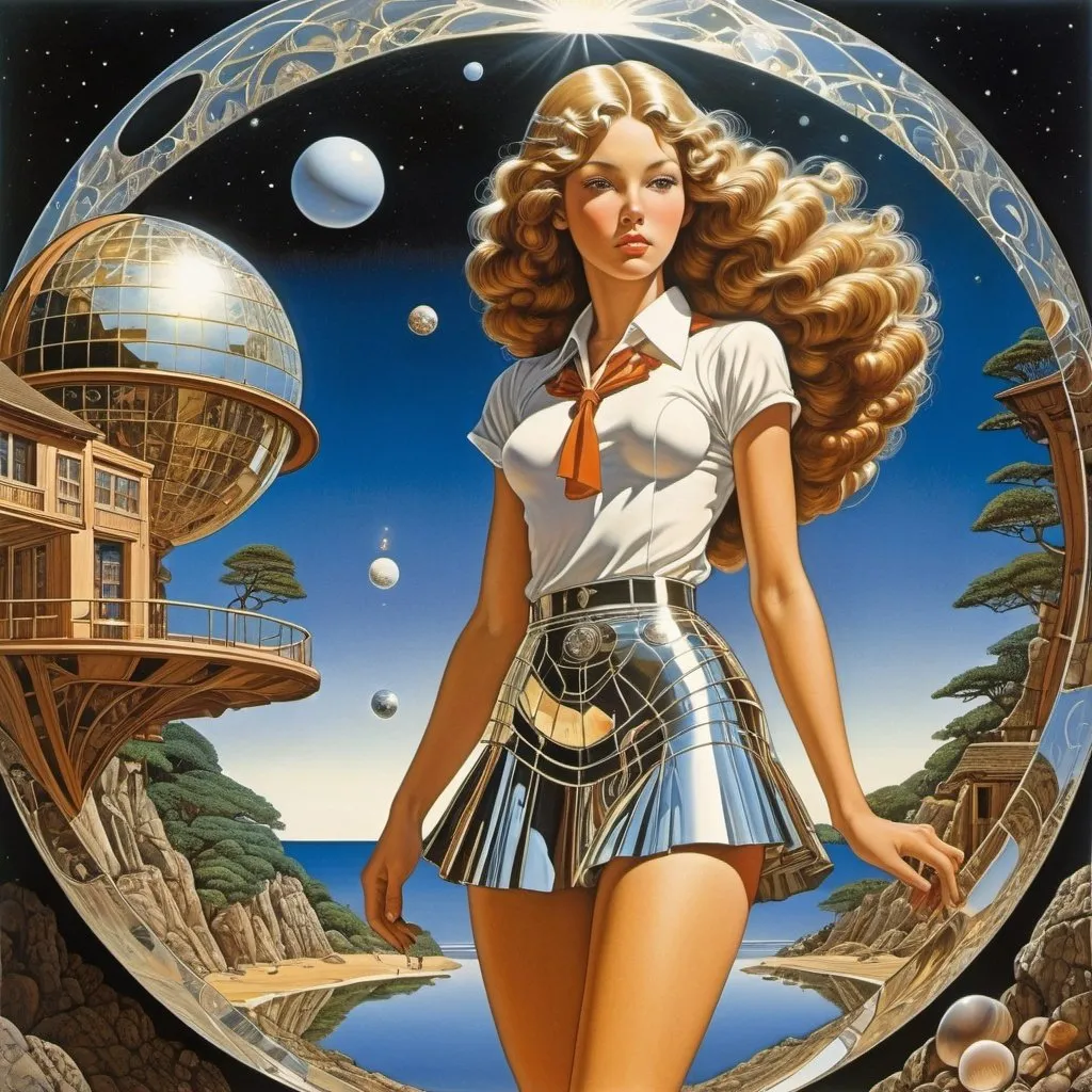 Prompt: DON FREEMAN, Mati Klarwein, Harriet Isabel Adams, Beryl Cook, Frank Wright, surrealism Mysterious Weird Fantastic Fantasy Sci-Fi, Japanese Anime, Cracked Mirror, Celestial Globe, Walking Seashell, Evolving Miniskirt Beautiful High School Girl, perfect voluminous body, detailed masterpiece 