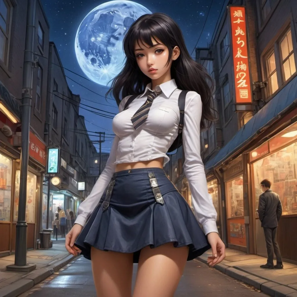 Prompt: Jose Garcia Ocejo, Abel Grimmer, Surreal, mysterious, strange, fantastical, fantasy, Sci-fi, Japanese anime, Stirling engine miniskirt beautiful engineer, perfect voluminous body, collecting star fragments, dusk on a street corner, detailed masterpiece 