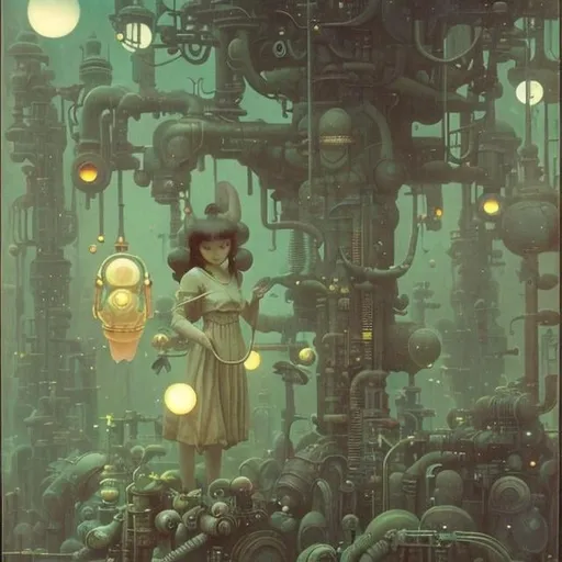 Prompt: Shaun Tan, Maurice Sendak, Maxfield Parrish, animesque　wondrous　strange　Whimsical　Sci-Fi Fantasy　Girl in the machine　A connected world　Consciousness modification　Go back in time　domino