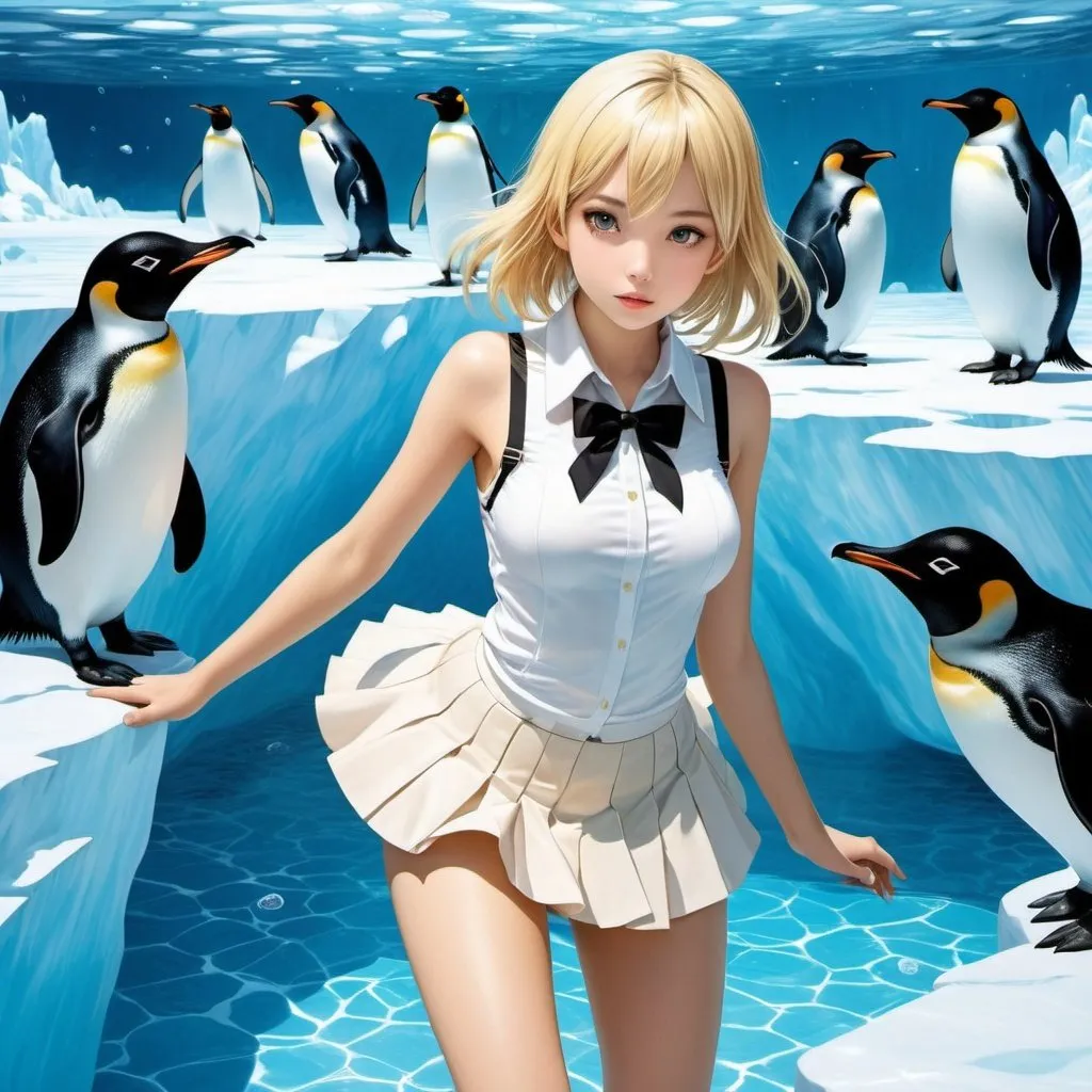 Prompt: Shigeru Tamura, A E Marty, Surreal, mysterious, strange, fantastical, fantasy, sci-fi fantasy, anime, iceberg floating in the school pool, beautiful blonde miniskirt girl Alice, perfect voluminous body, penguins, detailed masterpiece 