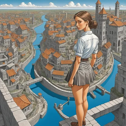 Prompt: Henryk Waniek, m c Escher, ADRIAN LABAUT HERNANDEZ full colours, Surreal, mysterious, bizarre, fantastical, fantasy, Sci-fi, Japanese anime, Spiral gardens of Babylon, aerial waterway, civil engineering, beautiful girl surveyor in miniskirt, perfect voluminous body, perspective drawing, cross-sectional drawing, blueprint and perspective, detailed masterpiece 