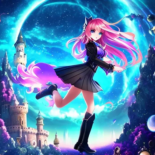 Prompt: Barbara Cooney Anime wondrous strange Whimsical surreal fanciful Sci-Fi Fantasy Miniskirt schoolgirl A castle between time and space Large Clock Waterfall cascading into the void cosmic space ocean moon rainbow derailed high definition high resolution high quality masterpiece