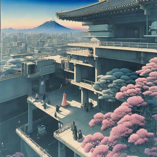 Prompt: Hasui Kawase, Hans Bellmer full colour, Watercolor woodblock print Surreal Mysterious Weird Fantastic Fantasy Sci-fi, Japanese Anime, Brutalist architecture, Beautiful girl running up the wall on a bicycle, perfect voluminous body, solo girl, Sphere and cone, detailed masterpiece bird’s eye views low angles 