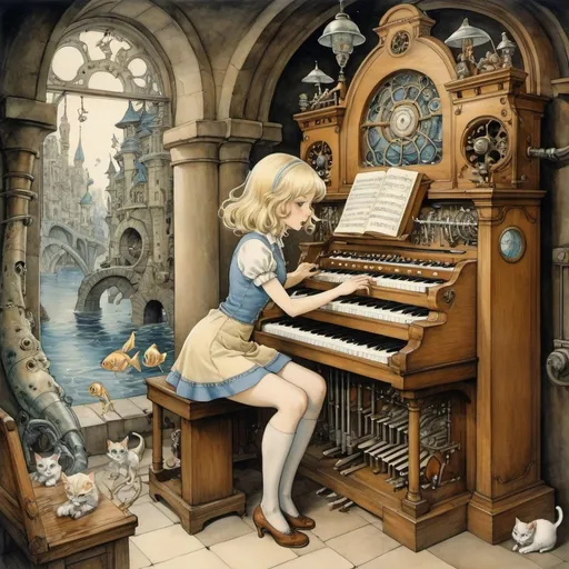Prompt: Anton Pieck, Rohan Eason, Surrealism, strange, bizarre, fantastical, fantasy, Sci-fi, Japanese anime, singing fish, cat organ, automatic composing machine, finding the mystery and truth of the universe in the sound and structure of the pipe organ, cosmography, beautiful blonde miniskirt girl Alice, perfect voluminous body, detailed masterpiece 