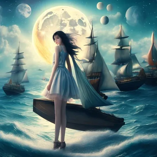 Prompt: Barbara Cooney, Basia Tran, surreal, mysterious, strange, bizarre, fantasy, sci-fi, beautiful girl Alice, beautiful perfect voluminous body girl, classroom flood, escaping sailing ship, full moon, galaxy, trapeze, detailed high resolution definition quality masterpiece