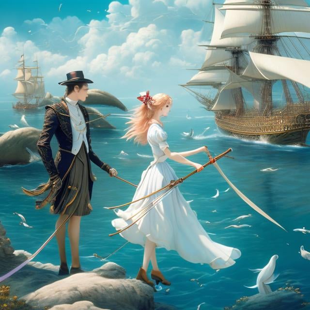 Prompt: Walter Cranes, Dali, Surreal, mysterious, strange, fantastical, fantasy, Sci-fi, Japanese anime, mannerism game, beautiful blonde miniskirt girl Alice plays the violin while walking a tightrope, perfect body, forest of symbolism, sailing ship pulled by a whale, hyper detailed masterpiece high resolution definition quality, depth of field, cinematic lighting 