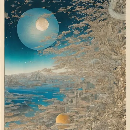 Prompt: Katsuhiro Otomo, Walter Crane, Dali, Surreal, mysterious, strange, fantastic, fantasy, Sci-fi, Japanese anime, Edo-Tokyo perspective drawing, water veins of illusions, genealogy of visions, cultivating dreams, traversing dark lands, girl scooping moonlight at the waterside, lovely perfect voluminous body, detailed masterpiece 