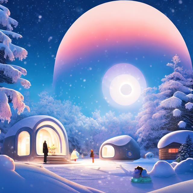 Prompt: Hiroshi masumura, Anne Anderson, Surreal, mysterious, strange, fantastical, fantasy, Sci-fi, Japanese anime, big snowy snow igloo, beautiful high school girl in a miniskirt eating ramen in a kotatsu inside the igloo, perfect voluminous body, snow falling slightly outside, detailed masterpiece 