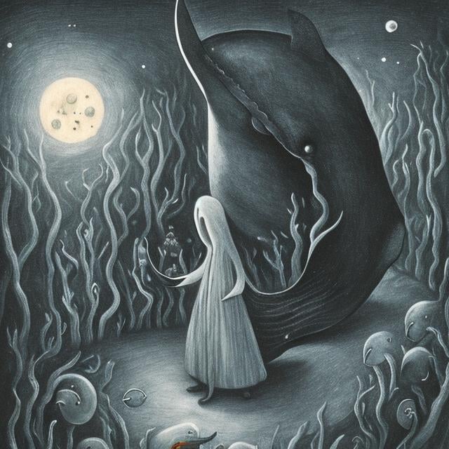 Prompt: Leonora Carrington style, moon sleeping in basement, a girl wondering looking for her fate, whale beach, orb, detailed, high quality, high resolution, high definition, masterpiece 