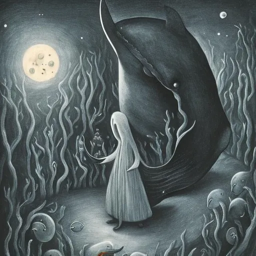 Prompt: Leonora Carrington style, moon sleeping in basement, a girl wondering looking for her fate, whale beach, orb, detailed, high quality, high resolution, high definition, masterpiece 