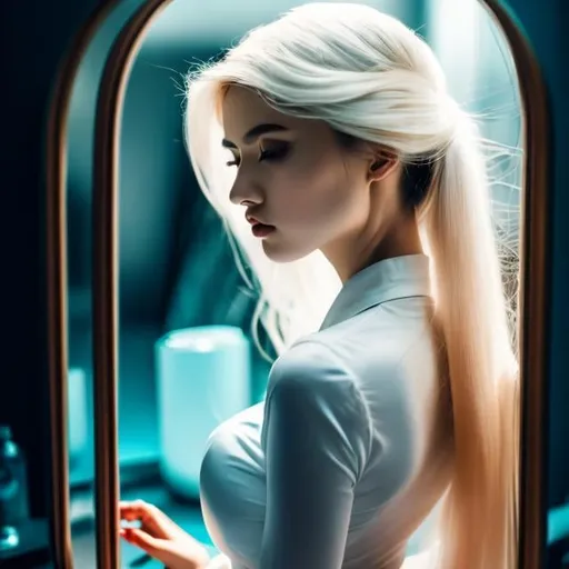 Prompt: Alexander Leydenfrost, Heikala, Surreal, mysterious, strange, fantastical, fantasy, Sci-fi, Japanese anime, Alice, a blonde miniskirt beautiful girl who appears from inside the mirror, appears from inside the mirror, perfect voluminous body, Anamorphoses, reflects the light, detailed masterpiece 