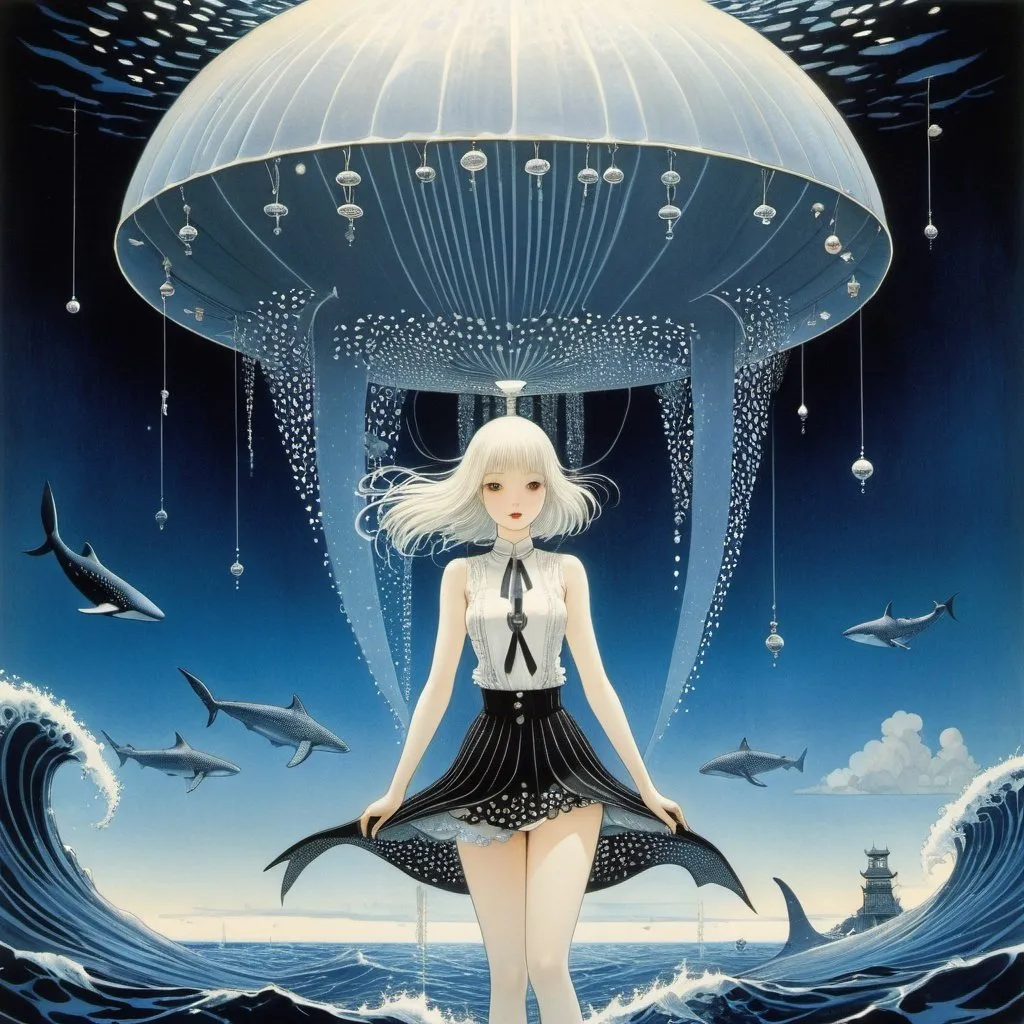 Prompt: Kay Nielsen, Shinji Wada, Surreal, mysterious, strange, fantastical, fantasy, Sci-fi, Japanese anime, ocean light bulb, miniskirt beautiful girl, perfect voluminous body, whale shark, detailed masterpiece 