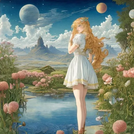 Prompt: Walter Crane, Anne Anderson, Surreal, mysterious, bizarre, fantastic, fantasy, Sci-fi fantasy, anime, light bulb planet, walking teapot, the adventures of Alice, the beautiful blonde miniskirt girl, perfect voluminous body, beyond the picture frame, detailed masterpiece 