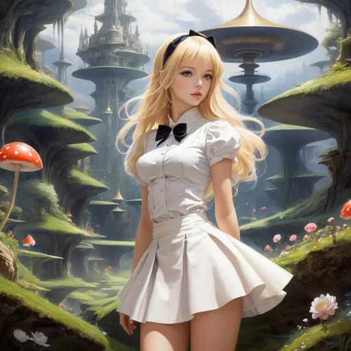 Prompt: Anne Anderson, Alberto Savinio, Surreal, mysterious, strange, fantastical, fantasy, Sci-fi, Japanese anime, symphonic icons, experimental theater, blonde miniskirt beautiful girl Alice, perfect voluminous body, detailed masterpiece 