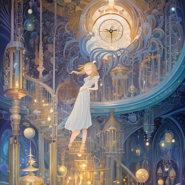 Prompt: Kay Nielsen,  Peter Flötner, animesque　surreal　fanciful　wondrous　strange　Whimsical　Sci-Fi Fantasy　Inside the clock tower　Floating spiral staircase　Miniskirt schoolgirl and kitten　Climb while illuminating your feet with a lamp, perfect body, sweet innocent beautiful face, hyperdetailed high resolution masterpiece