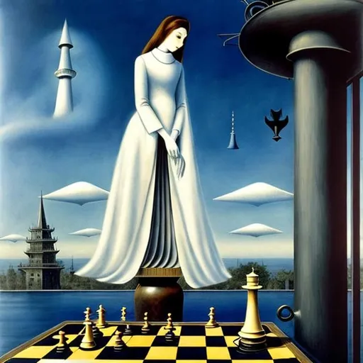 Prompt:  Remedios Varo, Charles Robinson, Surreal, mysterious, strange, fantastical, fantasy, Sci-fi, Japanese anime, symbolic blueprint, miniskirt beautiful girl returning to the future, perfect voluminous body, inverted chess, pulley device, detailed masterpiece 