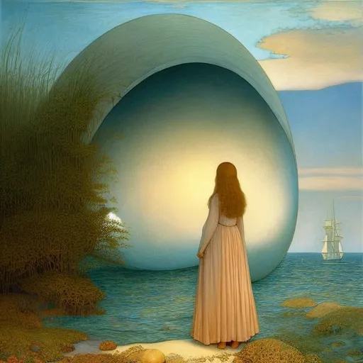 Prompt: Elsa beskow, Leonardo da Vinci Anime Surreal Mysterious Weird Fantastic Sci-fi Fantasy Coast A giant egg emerging from the sea A girl standing on the shore, hyperdetailed high resolution high definition high quality masterpiece 