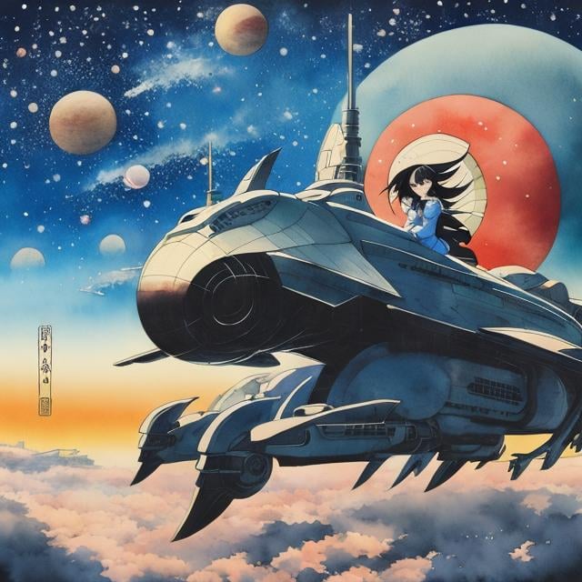 Prompt: Masamune Shirow, Satoshi Kon, Surreal, mysterious, bizarre, fantastical, fantasy, Sci-fi, Japanese anime, multiple watercolor woodblock prints, beautiful girl in a miniskirt riding a dragon, perfect voluminous body, spaceship, huge planet, multicolored starry sky, detailed masterpiece 