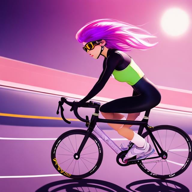 Prompt: Chip Zdarsky, Matt Fraction, Edith Rimmington, Surreal, mysterious, strange, fantastical, fantasy, Sci-fi, Japanese anime, Alice, a beautiful blonde miniskirt girl who races with bicycle racers, perfect voluminous body, long flowing hair, running at breakneck speed around the velodrome, dynamic action, sweating hard as she pedals her bike, looks like she's having fun, sweating, detailed masterpiece depth of field cinematic lighting hand drawings