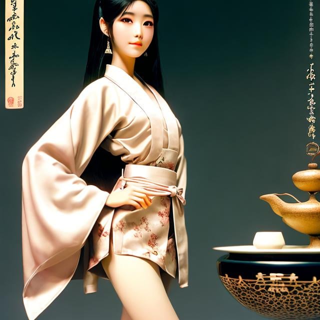 Prompt: Kenji Tsuruta, Alan Lee, Surreal, mysterious, strange, fantastical, fantasy, Sci-fi, Japanese anime, microcosm of the tea ceremony, beautiful girl in miniskirt kimono, perfect voluminous body, detailed masterpiece 