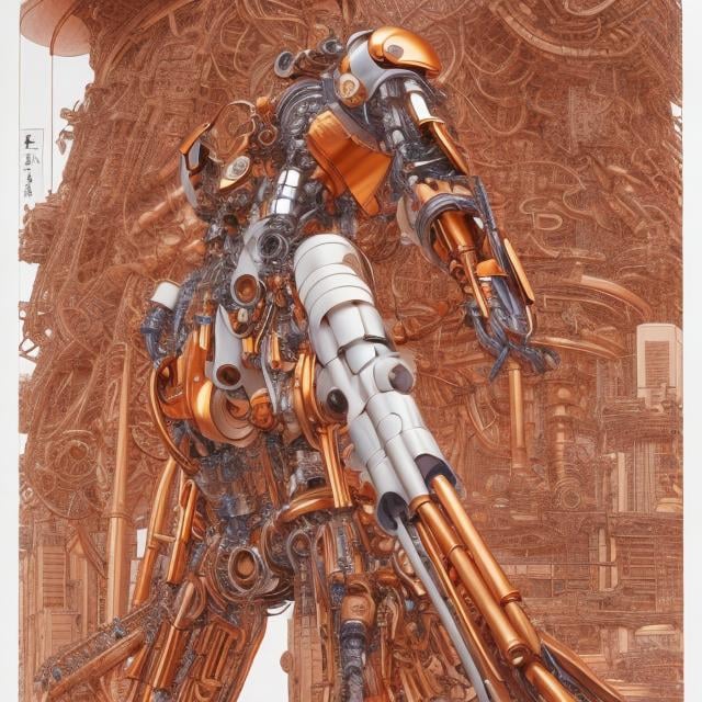 Prompt: Katsuhiro Otomo, Masamune Shirow, Frank Pape, Jean Giraud, Japanese anime,Mechanical girl, sweet beautiful face, shirt haired, perfect body style, part mechanical skin, part human, mechanical joints. Tubes attached, thin skintight, voluminous body, front angled, emphasize curves and shapes of body, hyper detailed, fine lines, high resolution definition quality masterpiece, depth of field, focus. Cinematic lighting, mechanics and machines background, very close cowboy shot looking up