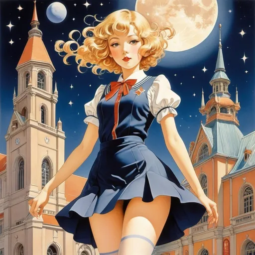 Prompt: Paul Renaud, Gerda Wegener, Surrealism, Rolf Gohs, Satomi Ikezawa, Mitsumasa Anno, strange, bizarre, fantastical, fantasy, Sci-fi, Japanese anime, a symphony played by the pipe organ, midday stars, and the moon. Collecting star fragments to create a beautiful miniskirt high school girl, perfect voluminous body, detailed masterpiece 