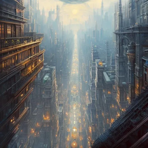 Prompt: Tintoretto, Alan Lee, Charles Robinson, Japanese Anime Mysterious Bizarre Fantastic Surreal Fantasy Sci-Fi Fantasy Urban Creation, Girl Alice standing on top and edge of the building looking down, bird’s eye view, Vertical City Architecture on Paper Blueprint Perspective Cross Section Sphere Steam Locomotive Running in the Air, hyperdetailed high resolution high definition high quality masterpiece