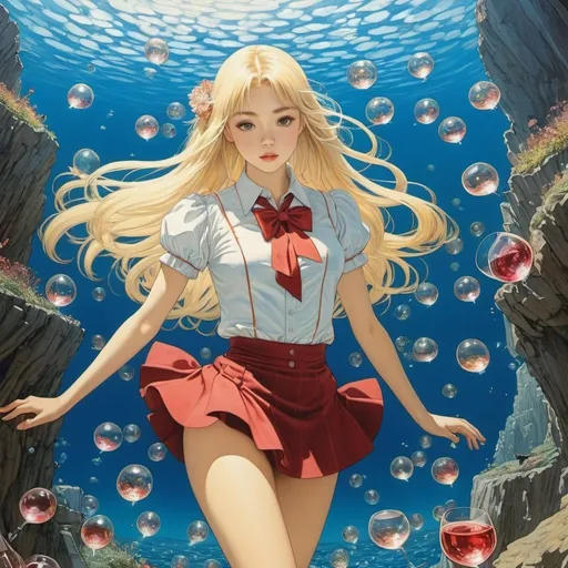 Prompt: Takeo Takei, Richard Dadd, Surreal, mysterious, strange, fantastical, fantasy, Sci-fi, jap Japanese anime, sea of ​​wine glasses, blonde miniskirt beautiful girl Alice, perfect voluminous body, diving, detailed masterpiece 