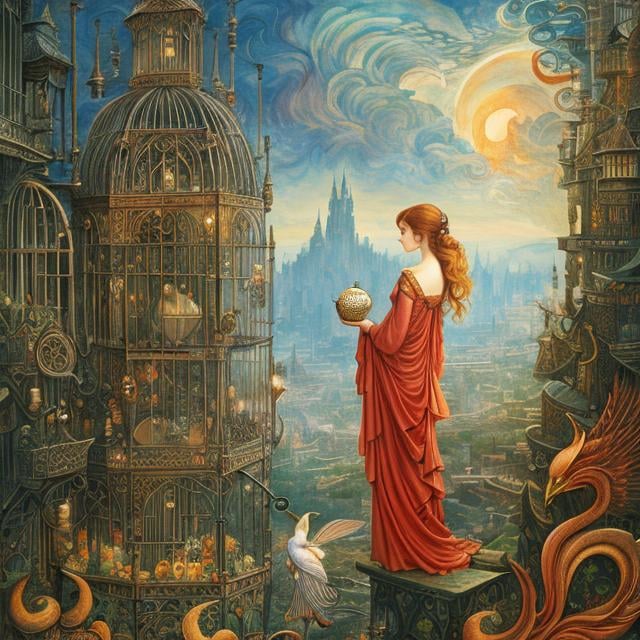 Prompt: Barbara Cooney, Anton Pieck, Walter Crane, wondrous, The Firebird in the bird cage, girl holding that bird cage, surreal strange weird sci-fi fantasy hyperdetailed high definition high resolution high quality masterpiece