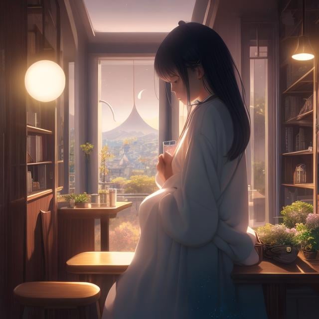 Prompt: Rafał Olbiński, Koloman Moser, Surreal, mysterious, strange, fantastical, fantasy, Sci-fi, Japanese anime, moon on paper, sea sleeping in the basement, beautiful miniskirt high school girl, taking a break at a cafe, hyper detailed masterpiece high resolution definition quality, depth of field cinematic lighting 