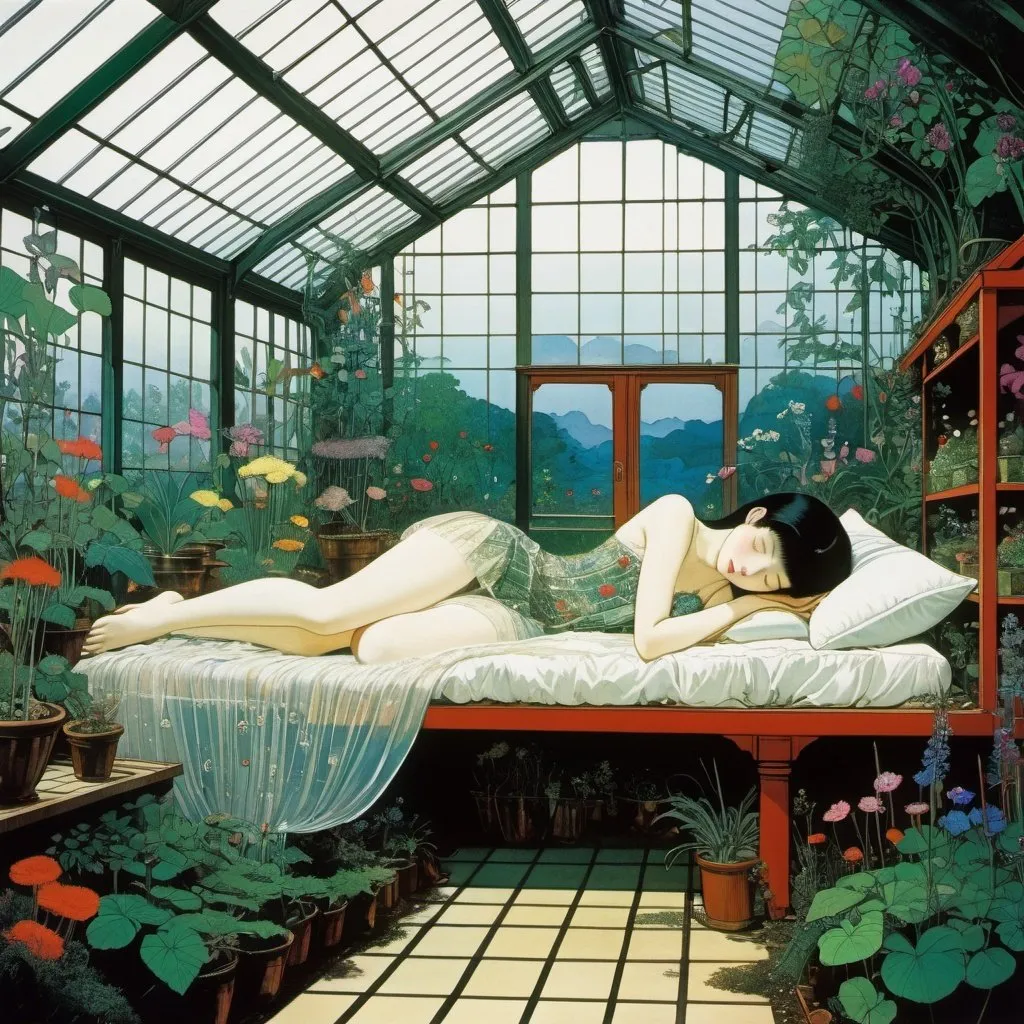 Prompt: Harry Clarke, Yukiko Igarashi, Margaret Tempest, Surrealism Mysterious Weird Fantastic Fantasy Sci-Fi, Japanese Anime, Giant Miniskirt Beautiful Girl Sleeping in a Greenhouse, perfect voluminous body, detailed masterpiece 