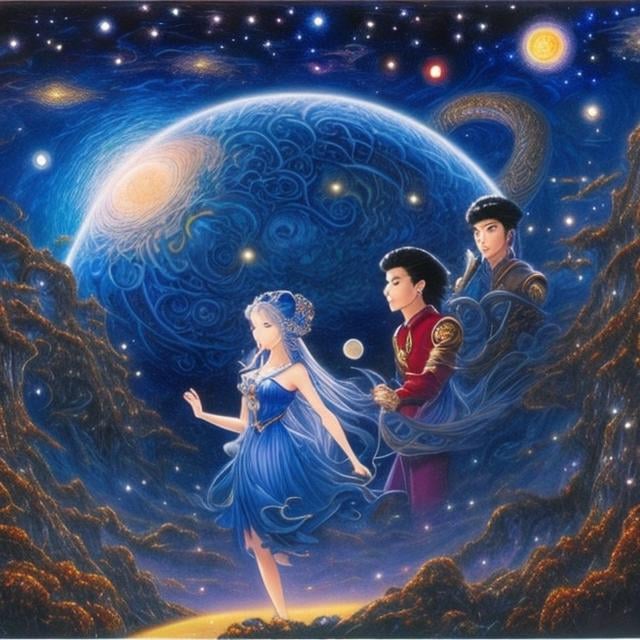 Prompt: Jeff Easley, Naoko Takeuchi, surreal, mysterious, strange, fantastical, fantasy, Sci-fii, Japanese anime, Music band on a starry night, fantasy is a collective consciousness that spreads throughout the universe, a utopian fairy tale, maze, paradise, night, disorder, irrationality, a wandering 100-year-old miniskirt beautiful girl, perfect voluminous body, hyper detailed masterpiece high resolution definition quality, depth of field cinematic lighting 