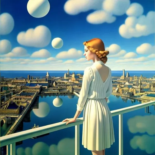 Prompt: Charles Robinson, Rene Magritte, Surreal, mysterious, bizarre, fantastical, fantasy, Sci-fi, Japanese anime, glass house, transmission, reflection, refraction, spectrum, see through, 3D perspective, perspective, colored pencil drawing, bird's eye view, zoom in, blonde miniskirt beautiful girl Alice, perfect voluminous body, detailed masterpiece perspectives angles views